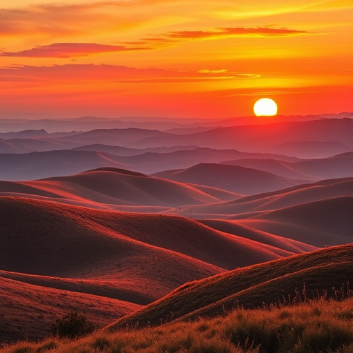 Create a high-resolution image of a stylized landscape featuring rolling hills and a vibrant sunset, shot with a DSLR camera at f/8 aperture, ISO 100, 50mm lens, in a wide-angle view, with vibrant colors and sharp details.