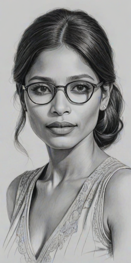Delightful Freida Pinto, pencil sketch, portrait of Exquisite woman 1929s in glasses, hair style beatnik, outline, clear lines, fine lines, 8k