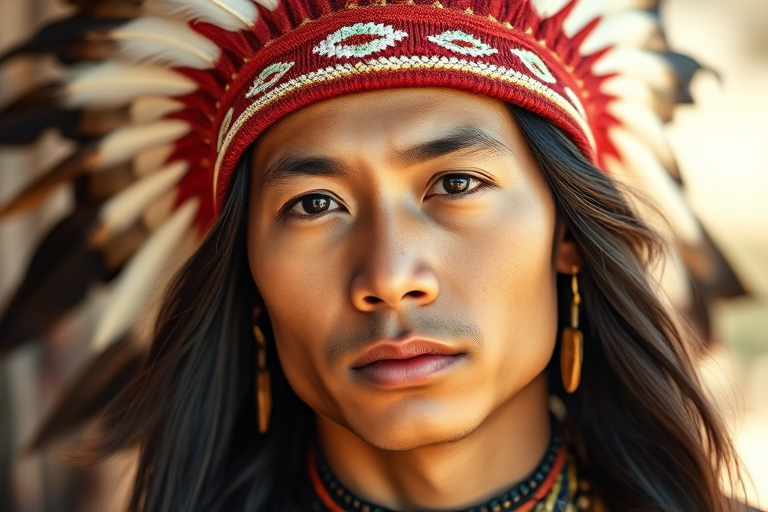 Portrait of a young Indigenous man with long hair wearing a feathered headdress, adorned with traditional jewelry, soft natural lighting, shallow depth of field, 50mm lens, f/1.8 aperture, ISO 100, captured with a DSLR camera.