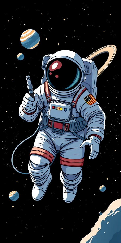 Create a detailed vector illustration of an astronaut in space holding a space tool, surrounded by stars and a planet with rings, using a high-resolution DSLR camera, f/8 aperture, 1/125 shutter speed, 24mm lens, in a bright, illuminated setting to enhance contrast and clarity.