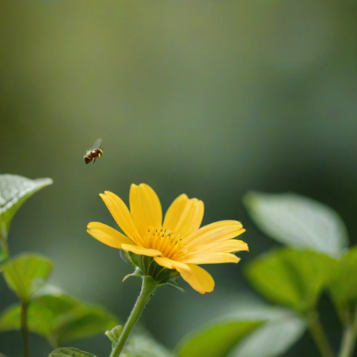 a close-up shot of a bright yellow flower with delicate petals surrounded by green leaves and a small bee hovering nearby in a soft-focus background