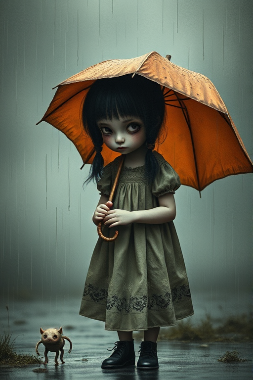 An eerie, weird little girl with dark hair in thin pigtails, wearing a smock dress, standing in the rain, holding a dirty orange umbrella, a small, odd creature beside her. In a surreal style inspired by Nicoletta Ceccoli and Brian Froud. Dark fantasy themes
