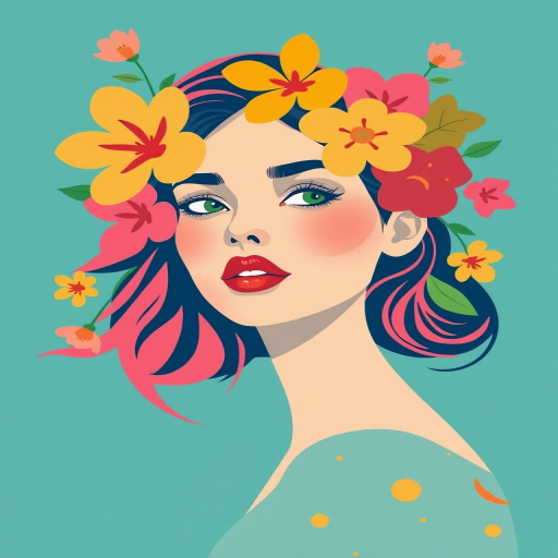 Use modern vector graphics flat design art with vibrant colors with a limited color pallete and simple shapes to create an illustration of a woman wearing flowers in her hair looking at the viewer