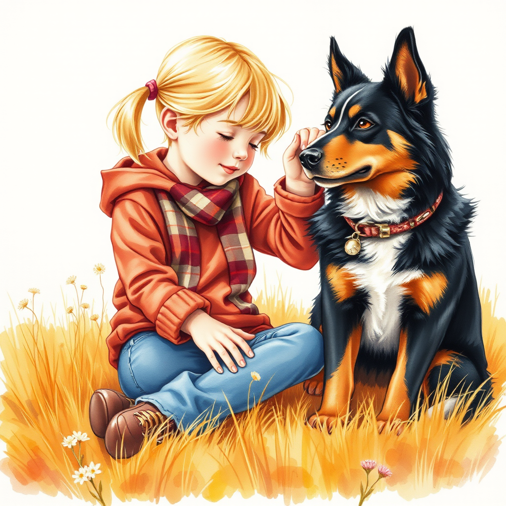 A detailed watercolor and acrylic illustration showing a heartwarming scene between a young blonde girl in pigtails and a Bearnaise Mountain dog. The girl, dressed in a rust hoodie, jeans, and a plaid scarf, gently rests her hand on the dog’s head. The dog, with black, copper, and white fur, sits beside her, tilting its head in affection. They sit on golden grass with wildflowers, against a sunny fall background. The artwork focuses on realistic textures and the tender bond between them.