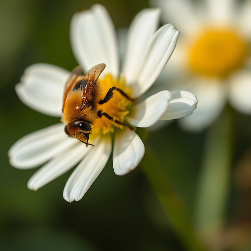 macro shot of a bee on a white flower with yellow center, shallow depth of field, natural lighting, ISO 100, aperture f/2.8, shutter speed 1/200s, camera view from the side, prime lens, DSLR