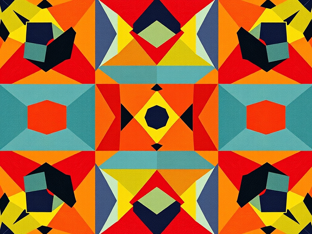 Create a vibrant geometric pattern featuring bold shapes and contrasting colors in a grid layout, captured with a DSLR camera at f/8 aperture, ISO 200, 24mm lens, natural light, top-down view, high saturation style.