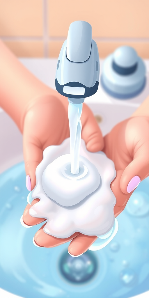 Create a clean and vibrant illustration of hands washing with soap and water, include a soap dispenser pouring liquid soap, use a high-resolution digital format, set camera settings to f/8 aperture, 1/60 shutter speed, and ISO 100, use a close-up view with a soft focus background, digital illustration style.