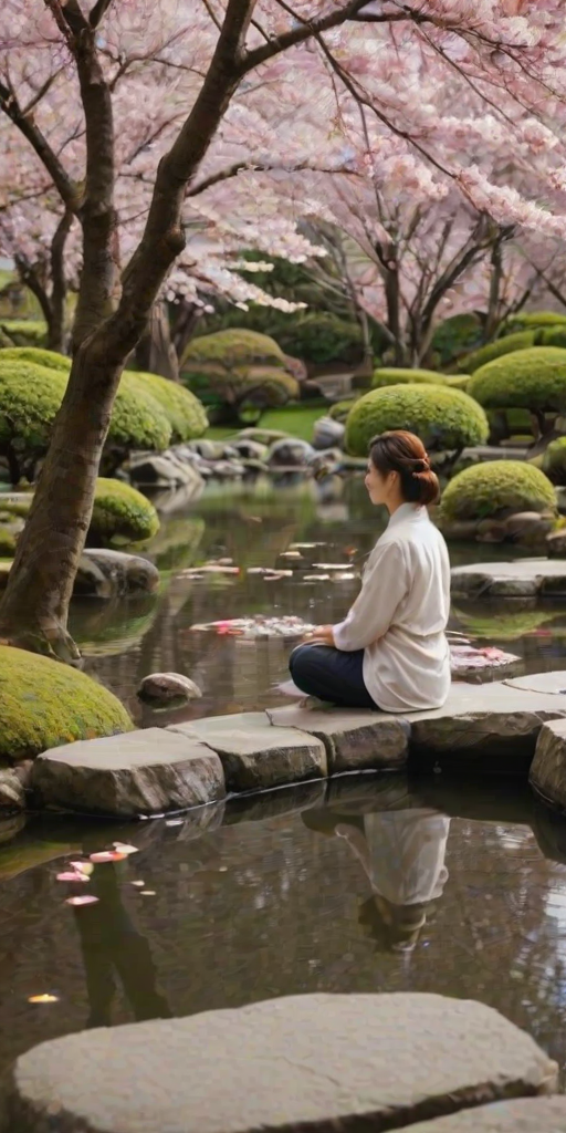 Tranquil scene in a Japanese garden, with koi fish swimming in a pond, cherry blossom trees in full bloom, and a woman meditating on a stone path.