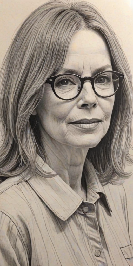 Captivating Diane Keaton, pencil sketch, portrait of Fetching woman 1960s in glasses, hair style beatnik, outline, clear lines, fine lines, 8k