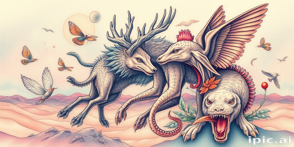 Surrealist tattoo concept named "Metamorphosis Dreams" featuring morphing animals and natural elements blending seamlessly in a dreamlike landscape with soft pastel color gradients