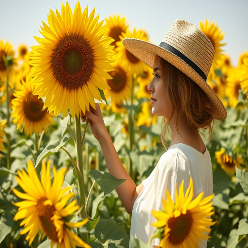 Sunlit sunflower field, golden blooms towering over the landscape, a woman in a wide-brimmed hat stands among the flowers, her hand gently touching the petals as the wind rustles the stalks.