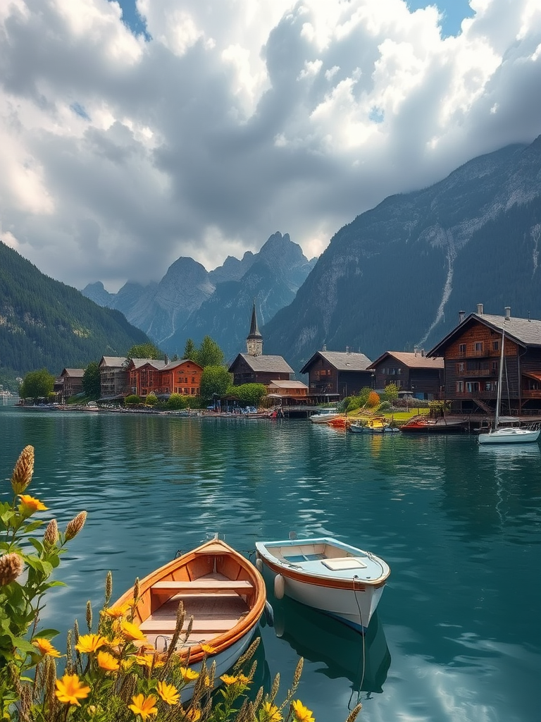 A scenic lakeside view with boats on the water, surrounded by wooden houses and mountains in the background, captured at a high dynamic range, using a DSLR camera at 24mm, f/8, ISO 100, 1/250 sec, wide-angle perspective for enhanced depth.