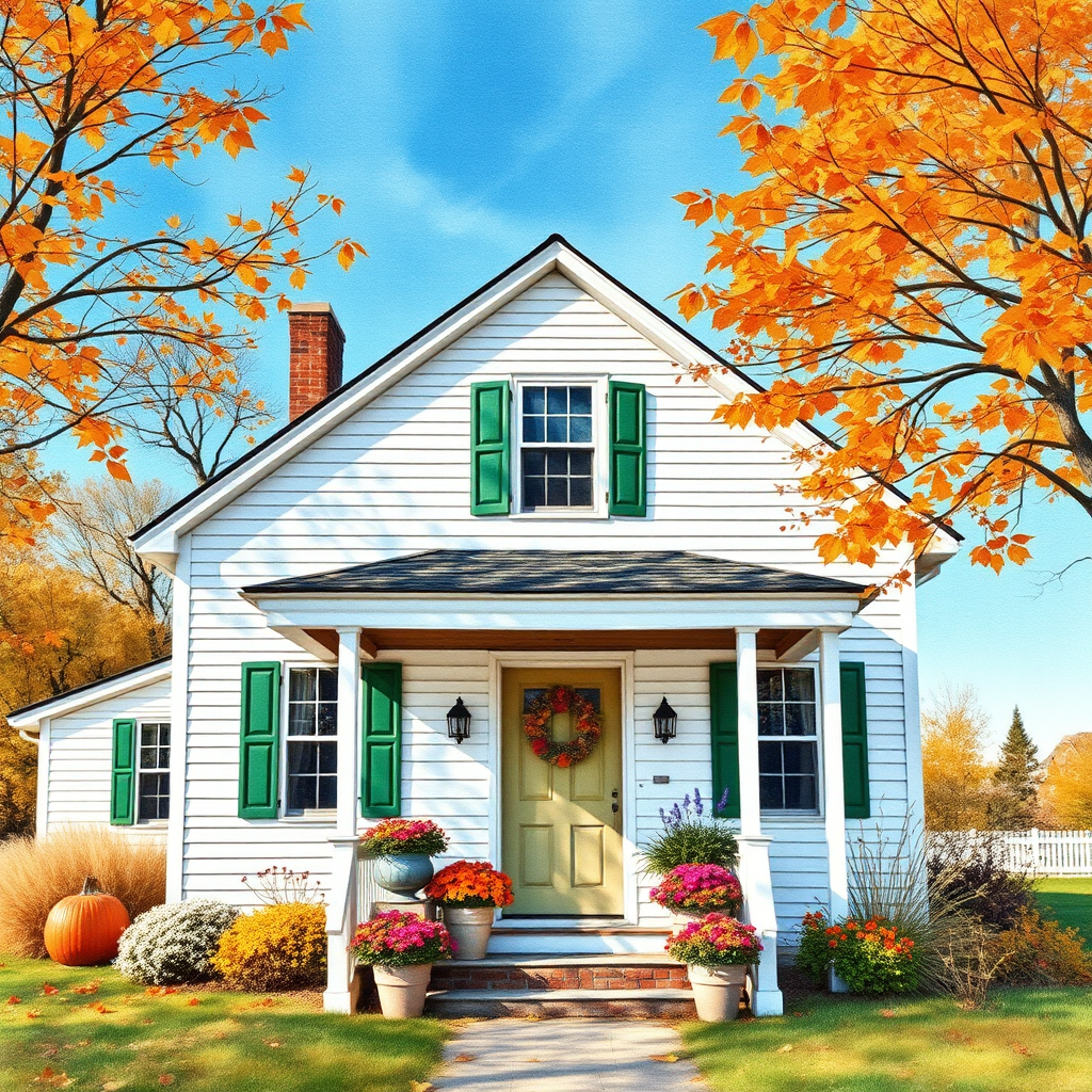a white farmhouse with green shutters, vintage feel, blue sky, trees in autumn color, leaves slightly blowing in the breeze, colorful autumn flowers in pots on the front porch of the farmhouse, watercolor