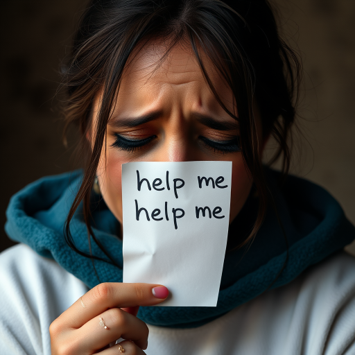 crying woman holding a note which says "help me"