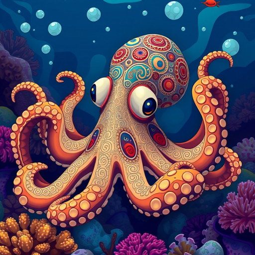 Create an illustration of a stylized octopus with intricate patterns, vibrant colors, and a dynamic underwater background, captured with a 50mm lens at f/1.8, ISO 200, 1/200s, using a Canon EOS R camera in a high-dynamic range style.