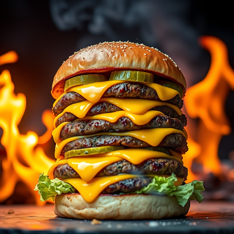 Create an image of a towering cheeseburger stacked with three juicy patties, melted cheese, pickles, and lettuce, surrounded by vibrant flames for a dramatic effect, using a Canon EOS R5 camera with a 50mm f/1.2 lens, aperture set to f/1.8, ISO 100, and a low angle shot to enhance depth and showcase the layers of the burger.