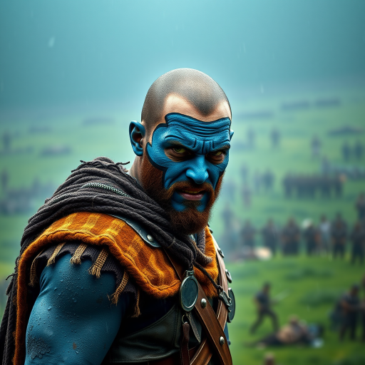 Generate an ultra-realistic and highly detailed photograph of a "brave heart" warrior. he's standing still, looking menacingly at the camera. He has face paint in shades of blue. He's standing on a green hill. Rain. The background is a blurred image of a battlefield. 4k. UHD