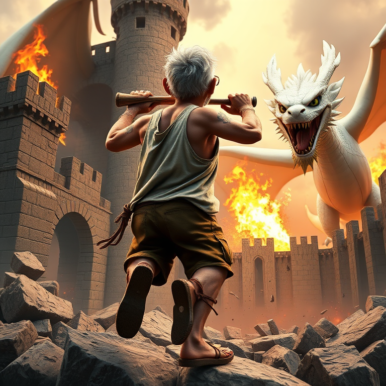 Cartoon 3D High-Resolution,dynamic battle scene using Unreal Engine 5 and Octane Render. The scene features back of an elderly, thai man with a beard,messy hair and round golden-rimmed glasses. He is wearing a tattered tank top with soot marks, shorts, and sandals. sweating. he wields a baseball bat. He jump to fight with a white fire-breathing Europe dragon amidst a partially destroyed stone castle. Include intense flames, smoke, and debris to enhance the dramatic effect.