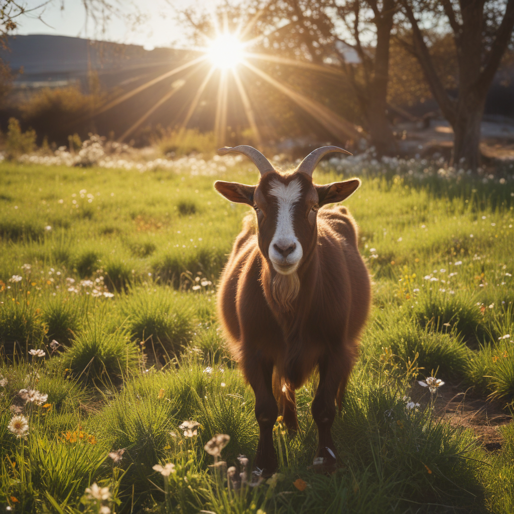 Brown goat spring flower field sunlight lens flare contrast