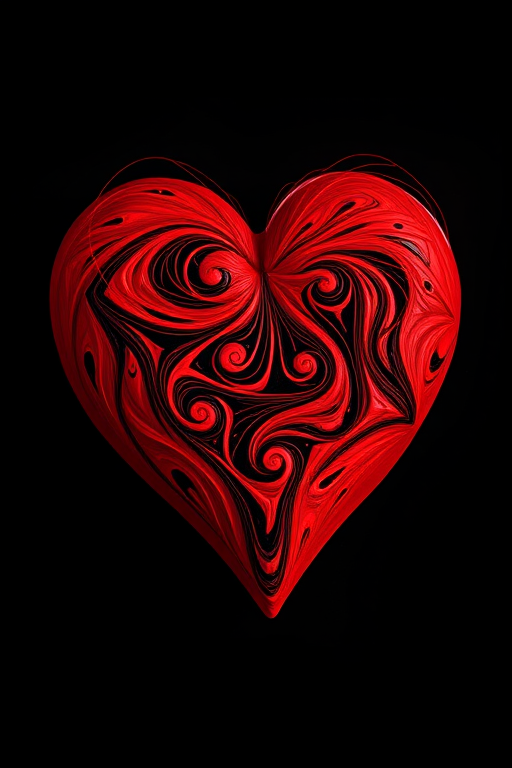 Create a vibrant red heart filled with swirling lines on a solid black background, captured with a DSLR camera at f/2.8 aperture, ISO 100, 1/60 shutter speed, in macro view using a standard lens to enhance details and sharpness.
