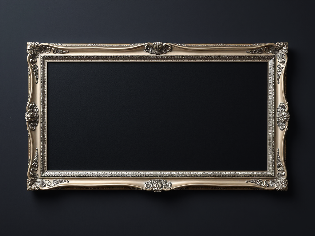 Create a high-resolution black canvas image framed in an ornate silver frame captured with a DSLR camera at f/1.8 aperture, 50mm lens, ISO 200, 1/125 shutter speed, overhead view, natural lighting for enhanced clarity and depth.