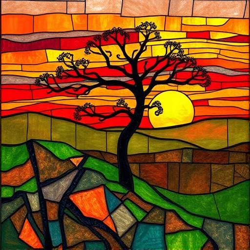 A vibrant abstract painting on Tiffany Glass, blending acrylic and alcohol ink techniques, captures a dramatic sunset over rolling hills. The artwork features a textured, rocky foreground in green and brown, layered abstract hills, and a striking sunset in rich oranges, yellows, and reds. A solitary black tree with intricate branches contrasts against the fiery sky, creating a dynamic and expressive portrayal of a breathtaking natural scene.