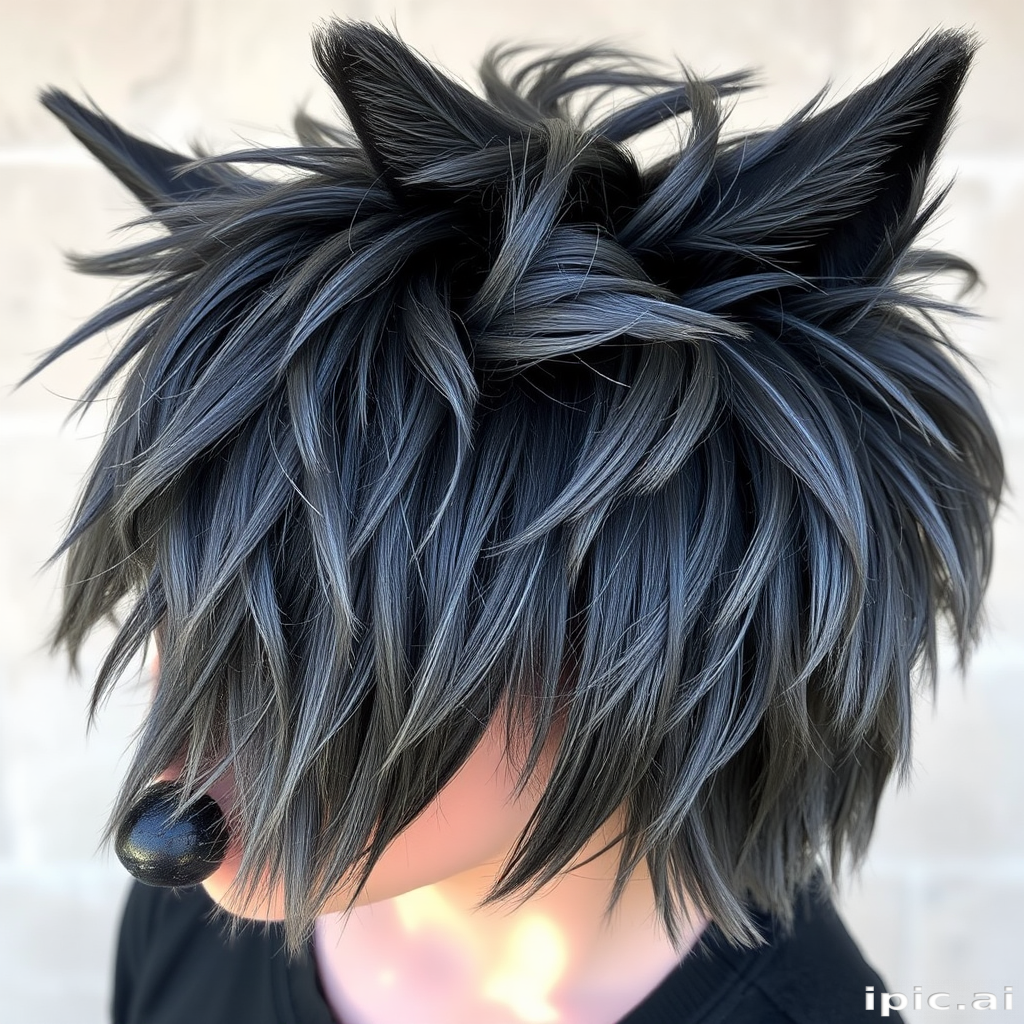Edgy charcoal gray wolf cut named Smoky Rebel featuring choppy layers and feathered texture throughout with subtle silver highlights adding dimension and movement to this grunge-chic style