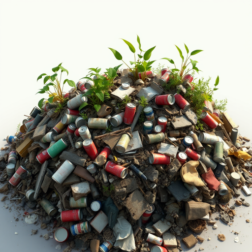 Create a highly detailed 3D render of a cluttered island made of trash and debris, with various cans and plants overtaking the scene, soft natural lighting, camera settings: ISO 100, f/8, shutter speed 1/60s, view from a slightly elevated angle, style: photorealistic, camera type: DSLR.