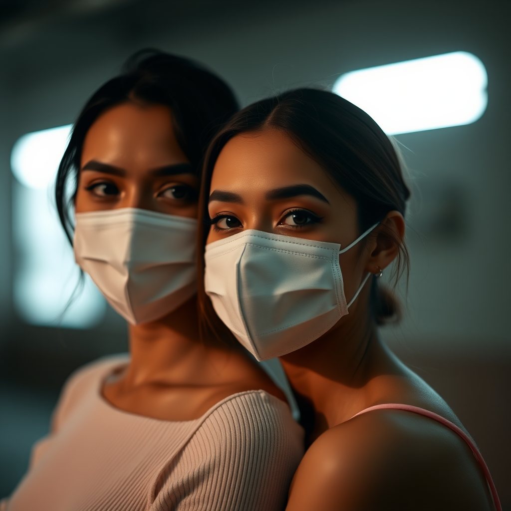Create a portrait of two women, one wearing a white mask, close together in a low-key lighting environment, using a Canon EOS R5 camera at f/2.8, ISO 100, 85mm lens, with a shallow depth of field for a soft background blur.