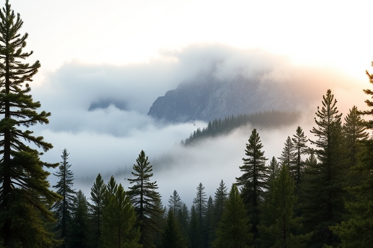 tall mountain landscape shrouded in mist with pine trees in the foreground, soft morning light, shot with a Canon EOS R5, ISO 100, f/8, 1/200 sec, 24mm lens, panoramic view, focus on depth of field for enhanced clarity