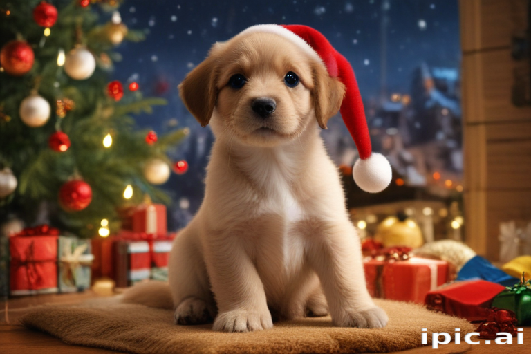 Adorable Puppy in a Santa Hat Celebrating Christmas by the Tree