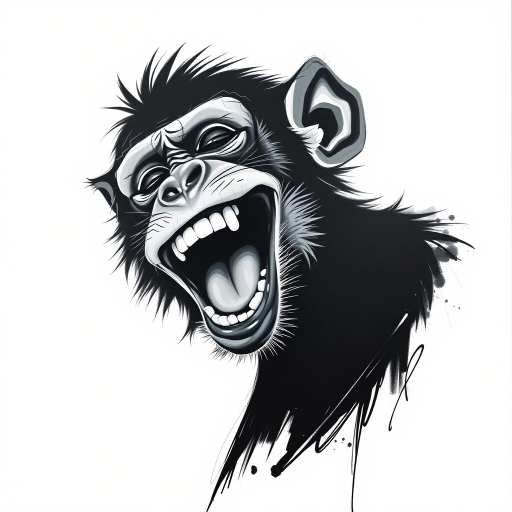 Abstract black and white acrylic portrait of an over exaggerated laughing (monkey). Minimalism style. White background.