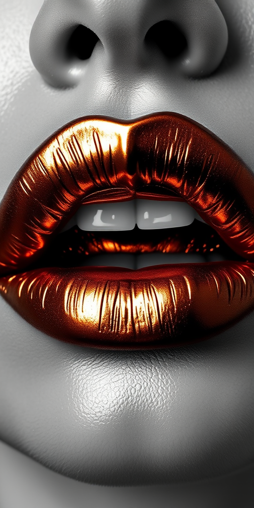 Fierce metallic bronze lips with a liquid metal finish, reflecting light dramatically and creating a bold statement, photographed in high-contrast black and white
