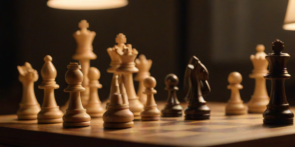 Warmly lit, close-up image of a wooden chessboard mid-game, soft light from a nearby lamp illuminating the chess pieces, with a faint reflection of two people deep in thought visible in the background.