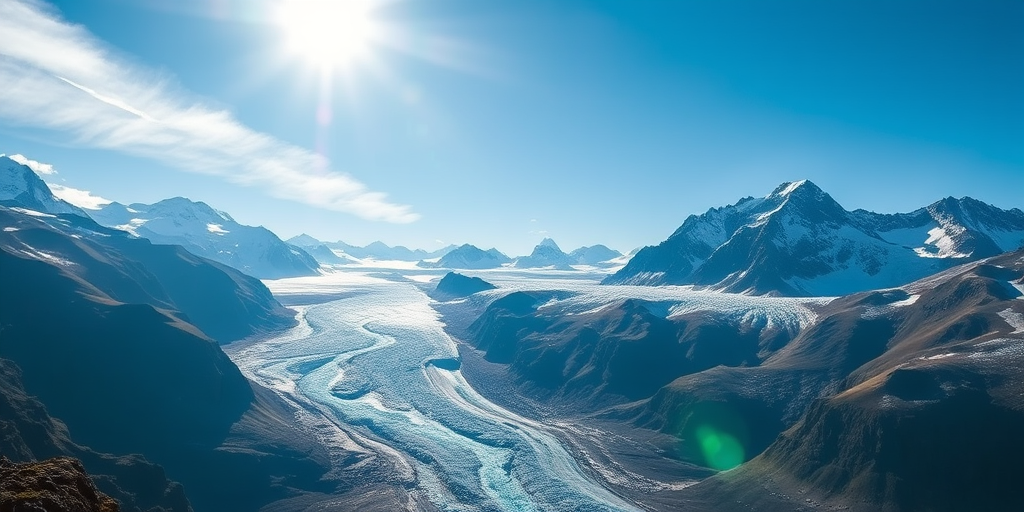 Regenerate a stunning landscape photograph of a glacier scene capturing majestic mountains under a bright blue sky, using a DSLR camera with a 24mm lens, aperture f/8, ISO 100, and a shutter speed of 1/250 sec, taken from a high vantage point for a wide-angle view.