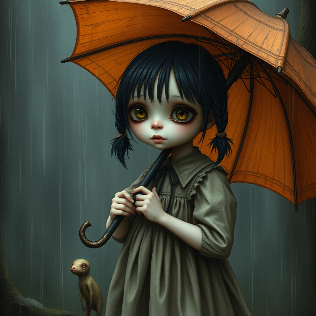 An eerie, weird little girl with dark hair in thin pigtails, wearing a smock dress, standing in the rain, holding a dirty orange umbrella, a small, odd creature beside her. In a surreal style inspired by Nicoletta Ceccoli and Brian Froud. Dark fantasy themes