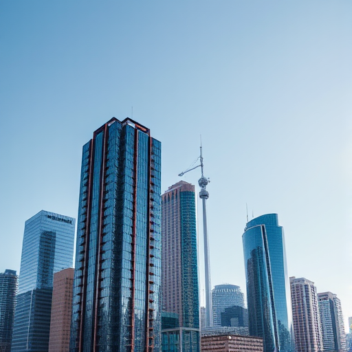 high-resolution urban skyline photo of modern high-rise buildings under a clear blue sky, shot with a Canon EOS R5, 24mm lens, f/8 aperture, ISO 100, daylight setting, wide-angle view to capture the entire structure