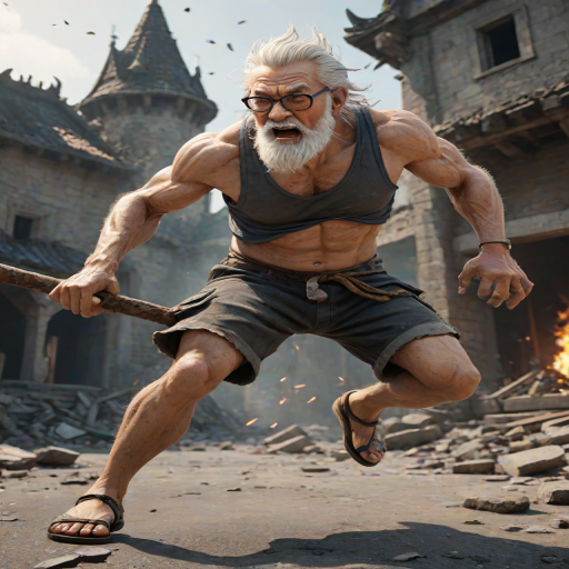 Cartoon 3D High-Resolution,dynamic battle scene using Unreal Engine 5 and Octane Render. The scene features back of an elderly, thai man with a beard,messy hair and round golden-rimmed glasses. He is wearing a tattered tank top with soot marks, shorts, and sandals. sweating. he wields a baseball bat. He jump to fight with a white fire-breathing Europe dragon amidst a partially destroyed stone castle. Include intense flames, smoke, and debris to enhance the dramatic effect.