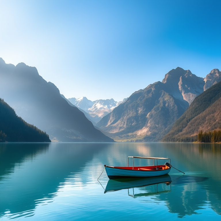 capture a serene lake scene with a boat in the foreground surrounded by majestic mountains under a clear sky using a DSLR camera with a 24mm lens, f/8 aperture, ISO 100, shutter speed 1/200s, in HDR photography style from a slightly elevated view
