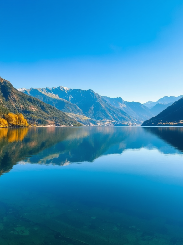 Generate an image of a serene landscape featuring a calm lake reflecting mountains under a clear blue sky, with lush green trees along the shore, taken with a Canon EOS 5D Mark IV, 24mm lens, f/8 aperture, ISO 100, 1/125 sec shutter speed, in vivid colors and high detail.