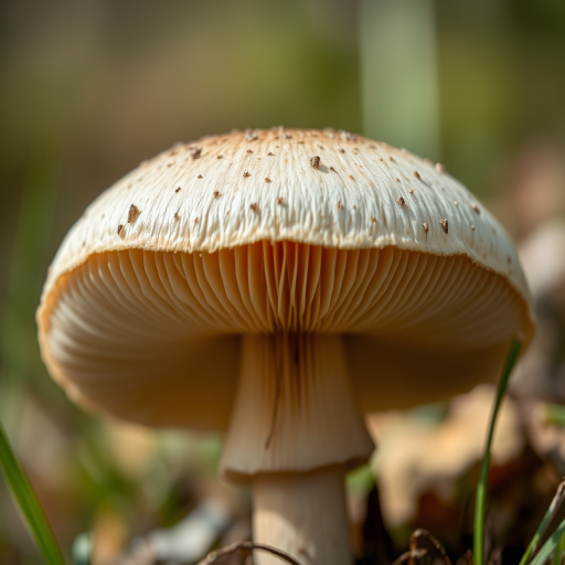 Create a highly detailed illustration of a mushroom with a focus on intricate gills and texture, using a macro lens setting with an aperture of f/2.8, a focal length of 100mm, and a soft focus background, captured in natural light to enhance color vibrancy and detail.