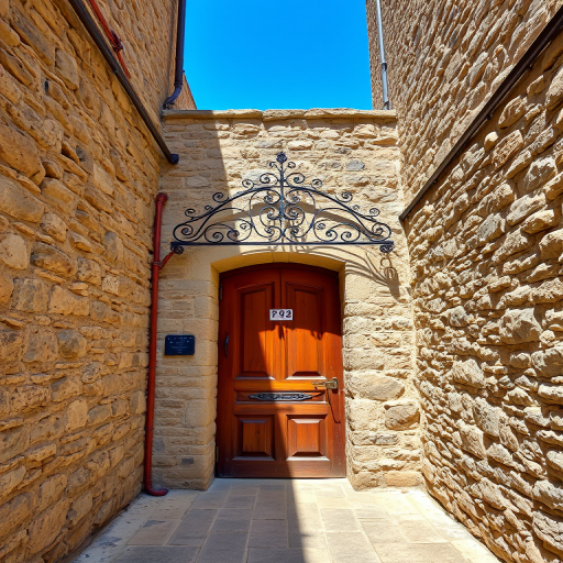 Regenerate an image of a charming stone alleyway with a rustic wooden door and an ornate wrought-iron gate, bright blue sky above, taken with a DSLR camera, HDR mode, 24mm lens, f/8 aperture, ISO 100, natural lighting.