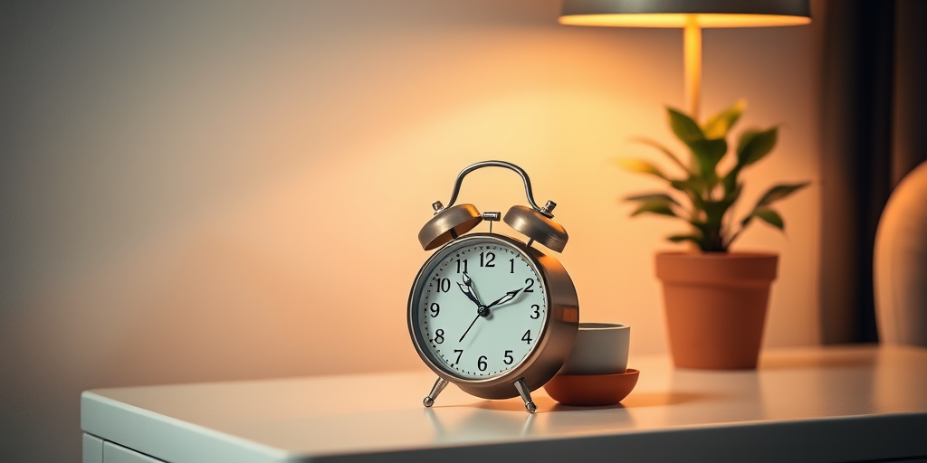 A vintage clock on a minimalist table next to a small potted plant, soft warm lighting, shallow depth of field, ISO 100, f/2.8, 1/60 sec, shot with a DSLR camera in a close-up view.