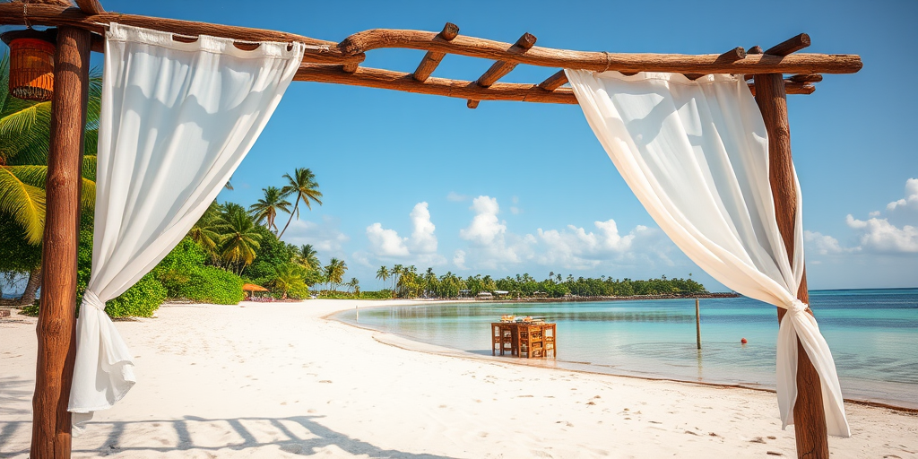 Create a picturesque tropical beach scene featuring a serene, white sandy shore. In the foreground, there's a rustic wooden canopy with white drapes gently flowing in the breeze. Underneath the canopy, a table is set with tropical decor, evoking a sense of relaxation and leisure. The beach extends into a calm, shallow water area with reflections of the sky and surroundings. Palm trees and lush greenery line the edge of the beach, providing a natural, tropical backdrop. The sky is clear with a few scattered clouds, and the overall atmosphere is tranquil and inviting, perfect for a peaceful retreat.