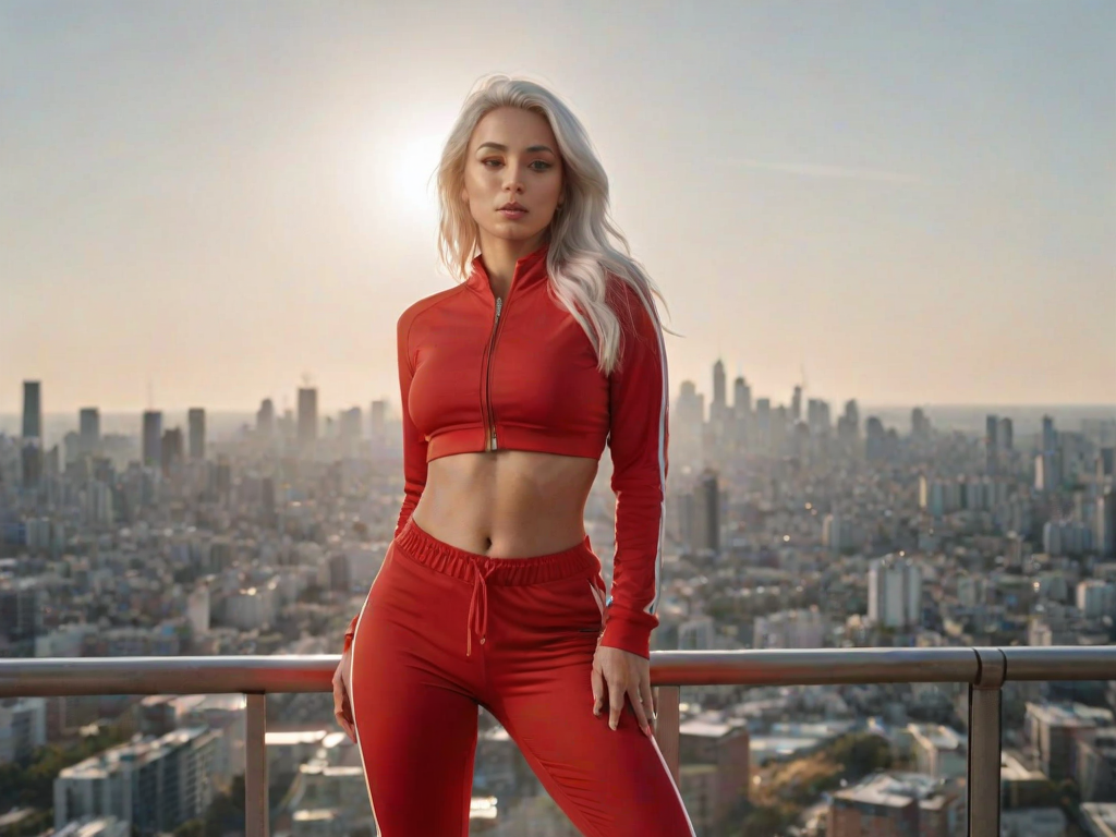 hourglass body shape, a realistic photo of a woman wearing red tracksuit posing seductively, beautiful horizon of the city in the background, sun, reflections, white hair