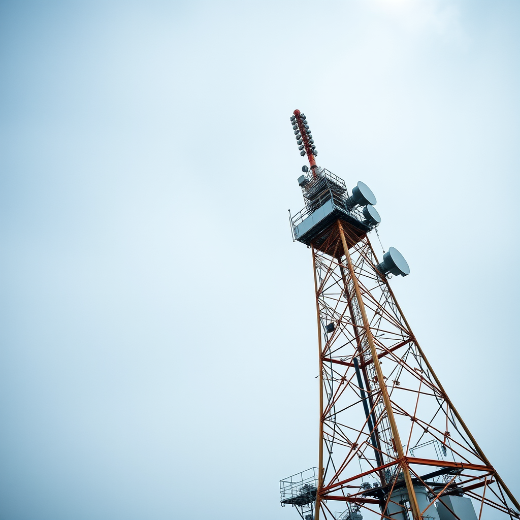 Create a high-quality image of an industrial radio tower with a clean background, shot with a Canon EOS R5 at f/8 aperture, 1/125 sec shutter speed, ISO 100, in a wide-angle view with a sharp focus.