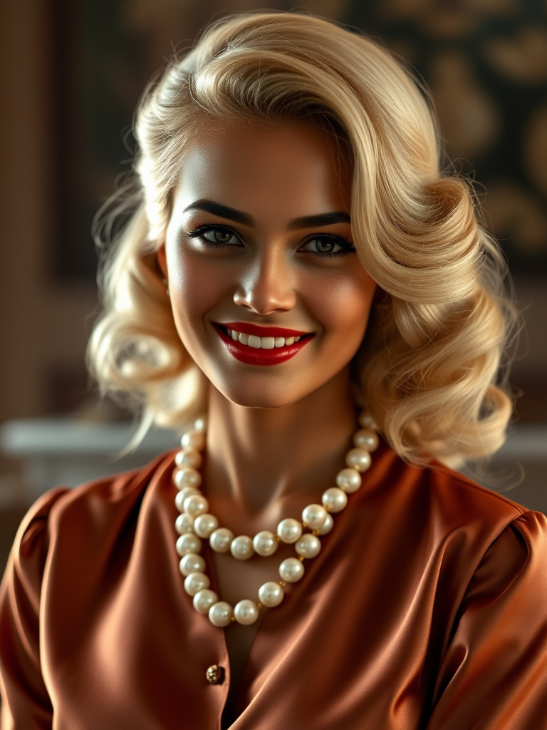 A beautiful Nepali woman reminiscent of 1950s Hollywood glamour, with perfectly styled blonde hair and a seductive smile, dressed in a satin blouse and adorned with pearls, soft and warm tones, photorealistic, 8K