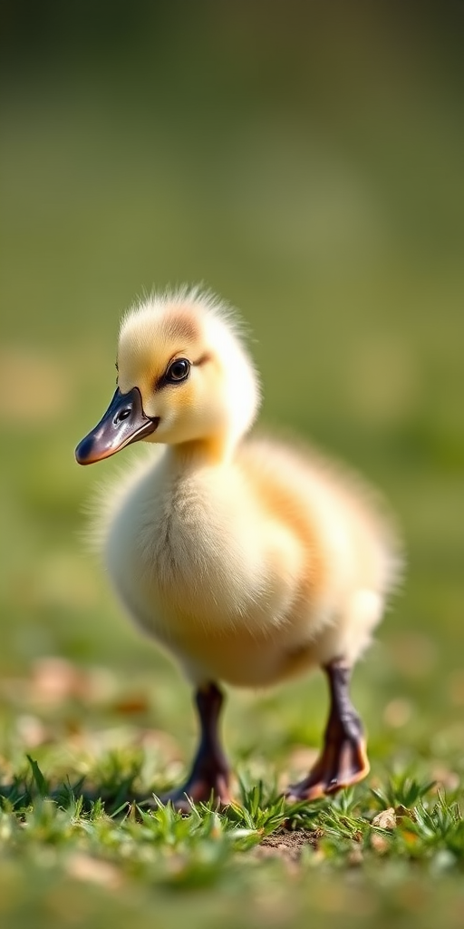 A fluffy duckling walking on green grass, close-up view, soft background blur, natural lighting, Canon EF 100mm f/2.8L Macro IS USM lens, f/2.8 aperture, ISO 400, shutter speed 1/1000s, portrait orientation.