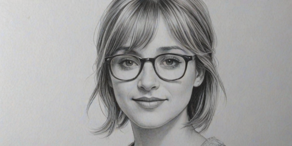 Resplendent Allison Mack, pencil sketch, portrait of Graceful woman 1963s in glasses, hair style beatnik, outline, clear lines, fine lines, 8k