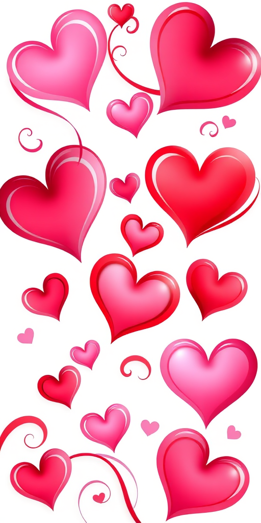 Create a vibrant illustration of swirling hearts in various shades of red and pink, with smooth curves and delicate outlines, captured in high-resolution using a digital art style, with soft lighting and a clean background.